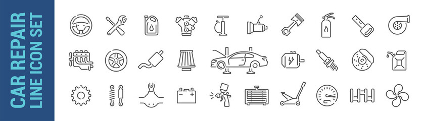 Car repair vector isolated line icon set. Mechanic tools & car parts