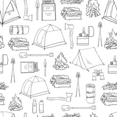 Wall Mural - Hand drawn vector seamless pattern with black elements isolated on white. Endless texture. Hiking and camping tourist tent, campfire, firewood, axe, shovel, reusable bottles. Print. Outdoor adventures