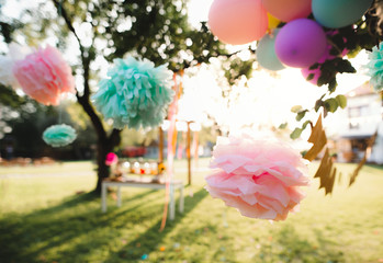 Decorated garden for birthday party outdoors in summer.