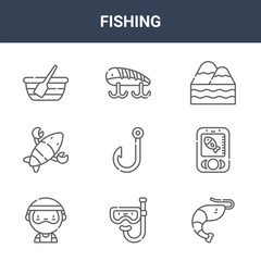 9 fishing icons pack. trendy fishing icons on white background. thin outline line icons such as shrimp, radar, fishing baits . icon set for web and mobile.