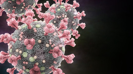 Wall Mural - Microscopic view of the coronavirus (Covid-19, Sars-CoV-2) with all four surface proteins E, S, M and HE. The S-protein (the spikes) gives the crown-like appearance, for which the virus is named. 