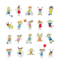 Funny small kids play, run and jump. Cute doodle children, boys and girls. A set of color isolated characters. Hand drawn vector illustration on white background