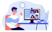 Worker Using Computer For Collective Virtual Meeting And Group Video Conference. Man At Desktop Chatting With Friends Online. Vector Illustration For Videoconference, Remote Work, Technology Concept
