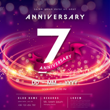 7 Years Anniversary Logo Template On Purple Abstract Futuristic Space Background. Modern Technology Design Celebrating Numbers With Hi-tech Network Digital Technology Concept Design Elements.
