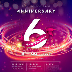 6 years anniversary logo template on purple Abstract futuristic space background. modern technology design celebrating numbers with Hi-tech network digital technology concept design elements.