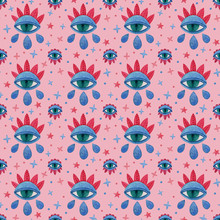 Watercolor Bright Seamless Pattern With Eyes. Occult Mystic Emblem, Esoteric Sign Alchemy, Decorative Ethnic Style. Abstract Background For Cover, Textile, Decoration For Parties.