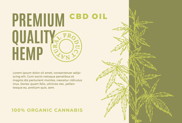 Wall Mural - premium quality cbd hemp oil abstract vector design label. modern typography and hand drawn cannabis