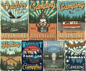 Canvas Print - Vintage hunting and camping colorful posters