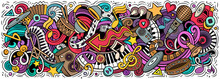Music Hand Drawn Cartoon Doodles Illustration. Colorful Vector Banner