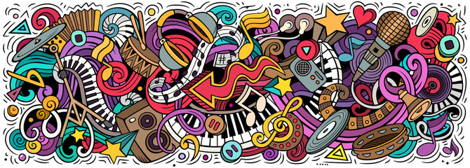 Music hand drawn cartoon doodles illustration. Colorful vector banner