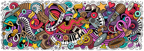 Obrazy gatunki muzyczne  muzyka-recznie-rysowane-kreskowka-gryzmoly-ilustracja-kolorowy-baner-wektorowy