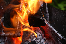 Flame Bright Fire Valuable And Irrevocable Wood. Cooking On Real Fire. Wood Heating. Bonfire Close-up. Night View Hot Coals And Fire. Fire Crackling In Fireplace. Comfort And Warmth From Burning Tree