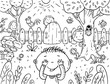 © katerina_dav - Cartoon children playing hide and seek in the garden, coloring page