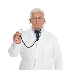 Canvas Print - Senior doctor with stethoscope on white background