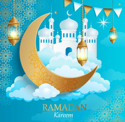 Poster - Ramadan Kareem greeting card.Banner for traditional muslim holiday golden ornament, lamp, mosque and crescent on clouds for happy celebration. Islamic congratulation poster. Vector illustration.