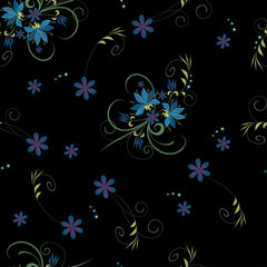 Wall Mural - Vector floral seamless pattern on a black background. A bouquet of flower and stems, small flowers scattered on the surface for the design of silk fabric, textile shawls, hijab, scarf, paper.