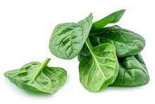 Pile Of Baby Spinach Leaves Isolated On White Background. Fresh Green Spinach.  Closeup