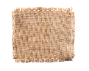 old burlap fabric napkin, sackcloth piece isolated on white background