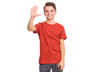 Wall Mural - Portrait of happy teen boy showing one palm - 5 fingers, isolated on white background. Happy smiling child doing gesture of number Five. Series of photos count from 1 to 10.