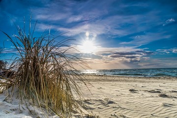 Wall Mural - colored sunset at the beach - beautiful sunset on the baltic sea with blue sky