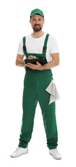 Wall Mural - Full length portrait of professional auto mechanic with clipboard and rag on white background