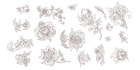 Poster - set of decorative fancy flowers, vector line art