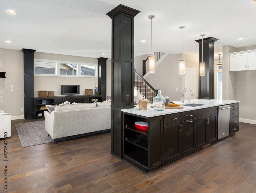 Kitchen and living room interior in new home with open concept floor ...