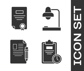 Poster - Set Exam sheet with clock, Certificate template, Exam sheet and pencil with eraser and Table lamp icon. Vector