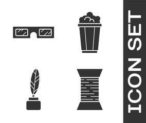 Sticker - Set Sewing thread on spool, 3D cinema glasses, Feather and inkwell and Popcorn in cardboard box icon. Vector