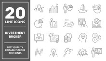 Vector Set Of Linear Icons Related To Investment Broker, Trade Service, Investment Strategy And Management. Mono Line Pictograms And Infographics Design Elements. Editable Stroke. EPS 10.
