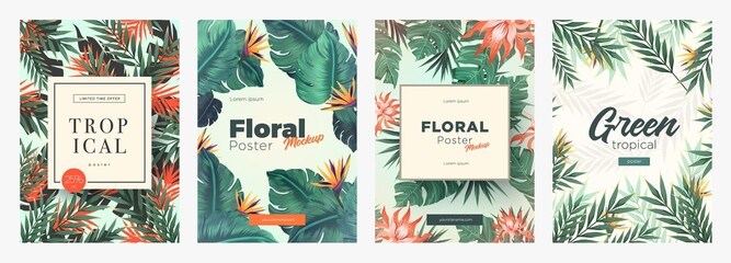 set of bright tropical backgrounds with jungle plants. exotic patterns with tropical leaves