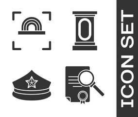 Wall Mural - Set Document with search, Fingerprint, Police cap with cockade and Stage stand or debate podium rostrum icon. Vector