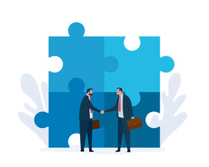 Business partnership. Two businessman shaking hands on the giant puzzle elements. Business metaphor. Vector illustration.