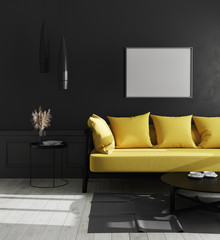 blank horizontal picture frame mock up in modern luxury living room interior with black wall and bri
