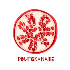 Wall Mural - Pomegranate cut fruit icon. Vector drawing isolated on white. Red fruit with seeds. Botanical illustration. Cartoon flat