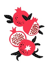Wall Mural - Pomegranate art poster with red fruits, seeds and leaves. Vector drawing. Simple flat illustration. Vector retro