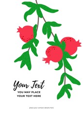 Wall Mural - Pomegranate branch for poster with text. Red fruits hanging on twig with green leaves. Summer fruit background template for invitation, poster and banner. Botanical