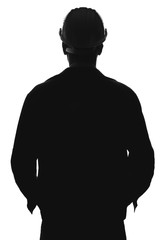 Silhouette of male engineer on white background, back view