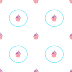 Seamless pattern watercolor illustration purple delicious sweets cupcake with cream and hearts with blue circle on white background, postcards illustrations, Wallpaper, texture, design and so on