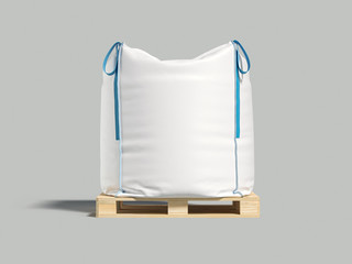 White big bag or sack on pallet. Isolated object on light background. Mockup for design. 3d render