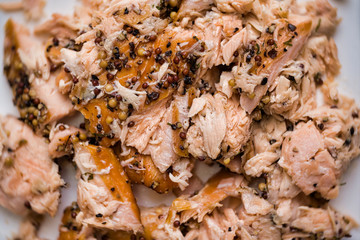 Poster - rustic smoked salmon flakes food background blur defocused