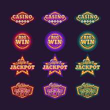 Collection Of Shining Red, Green And Purple Retro Casino Signs