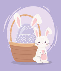 Wall Mural - happy easter day, cute rabbit and egg with ears in basket