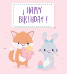 Canvas Print - happy birthday fox and rabbit with gift and cupcake celebration decoration card