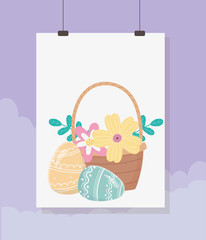 Poster - happy easter day, hanging card basket eggs flowers foliage