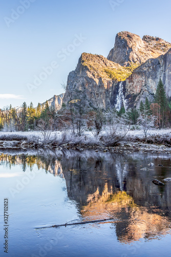 Beautiful view of Yosemite Winter Wonderland from the Valley with snow, Mount...