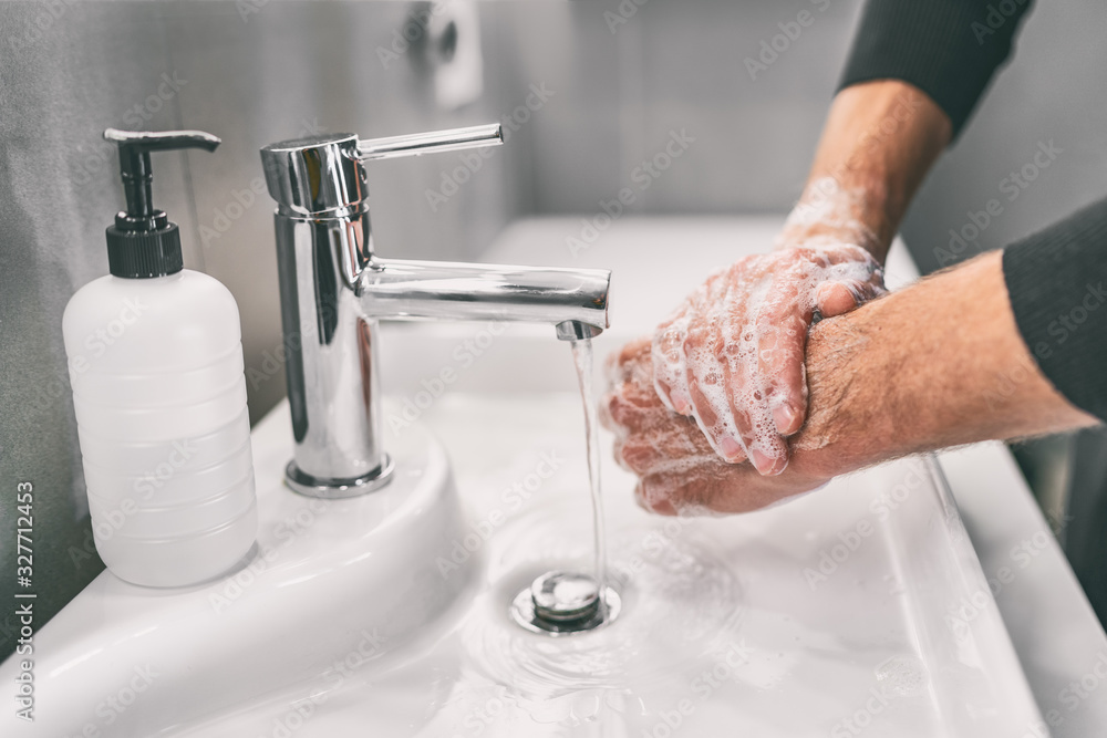 Washing hands rubbing with soap man for corona virus prevention, hygiene to stop spreading coronavirus. - obrazy, fototapety, plakaty 