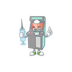 Canvas Print - Smiley Nurse arcade game machine cartoon character with a syringe