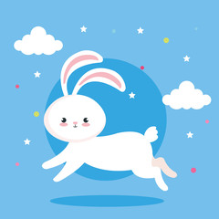 Sticker - cute rabbit jumping with clouds decoration vector illustration design