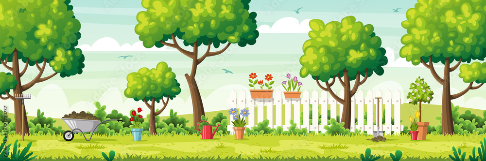 Summer garden with garden tools and fence. Vector Illustrations with separate layers. Concept for banner, web background and templates. - obrazy, fototapety, plakaty 